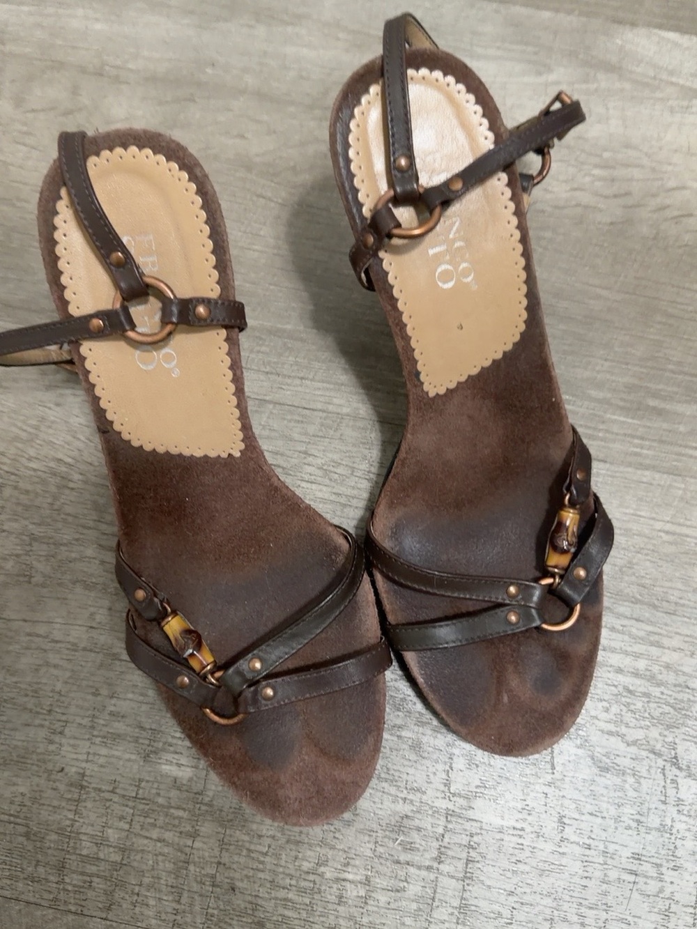 Franco Sarto Brown Suede & Leather T-Strap Heels